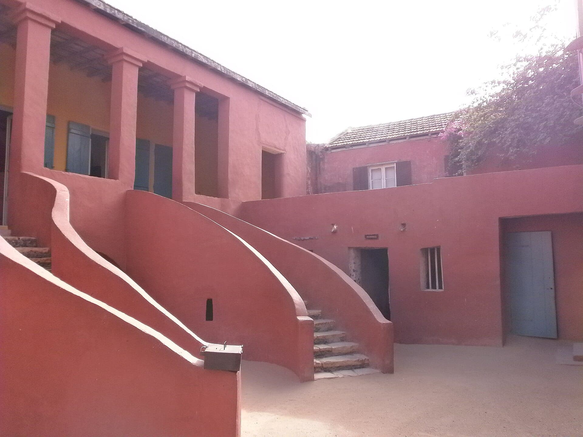 The courtyard and curved double staircase of the Maison des Esclaves (House of Slaves) on Gorée.