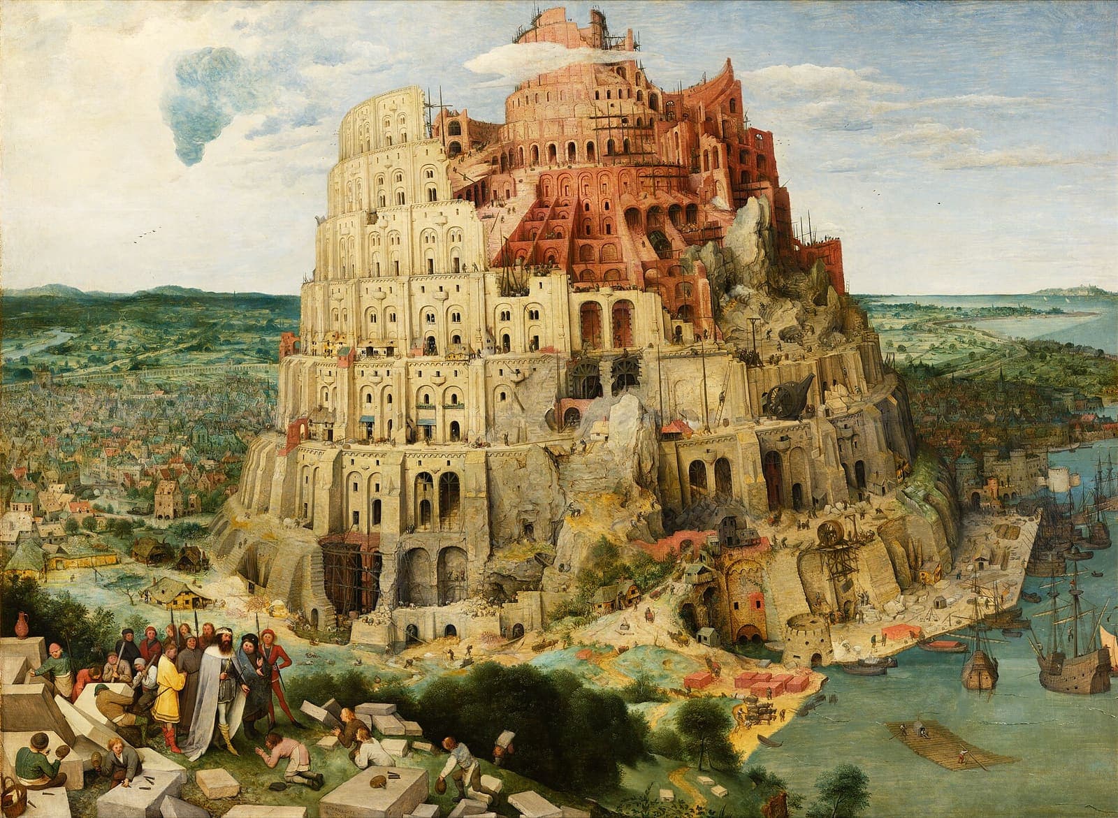 A painting of a vast spiral tower under construction beside a harbour.
